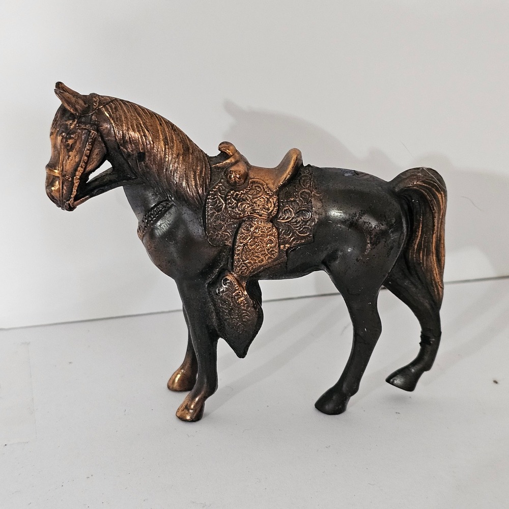 Vintage Western Horse Figurine Bronze Copper Tone Ornate Saddle Equestrian Decor